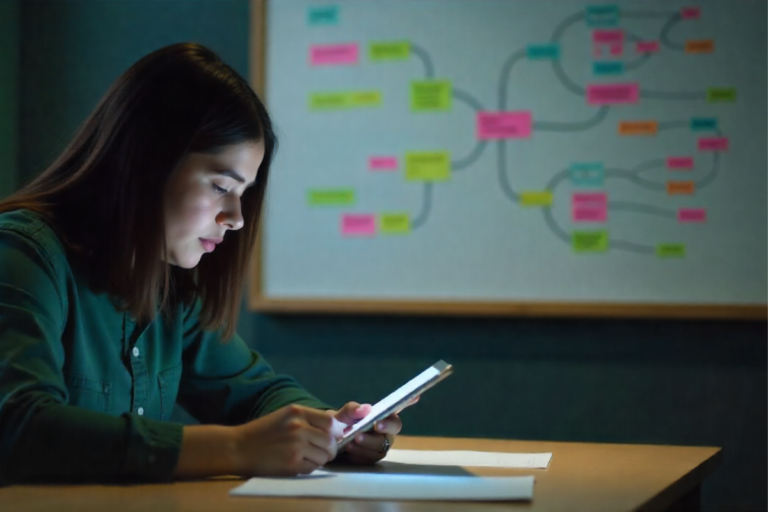 Estudante revisando conteúdos à noite com foco e materiais de apoio como flashcards e mapas mentais de como revisar estudos à noite