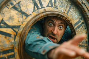 Foto ou ilustração de um relógio derretendo (como na arte de Salvador Dalí) ou de um idoso olhando para um calendário.